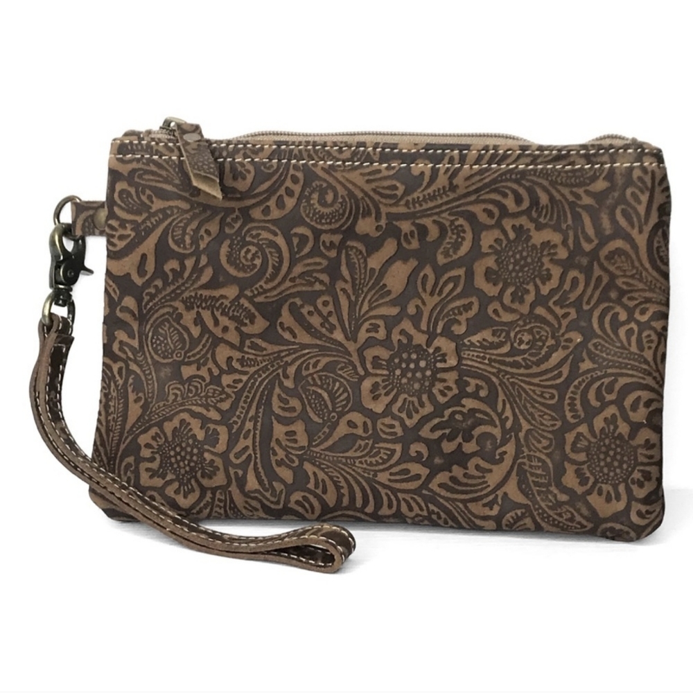 Stunning Genuine Leather Handmade Floral Embossed Wristlet/Clutch